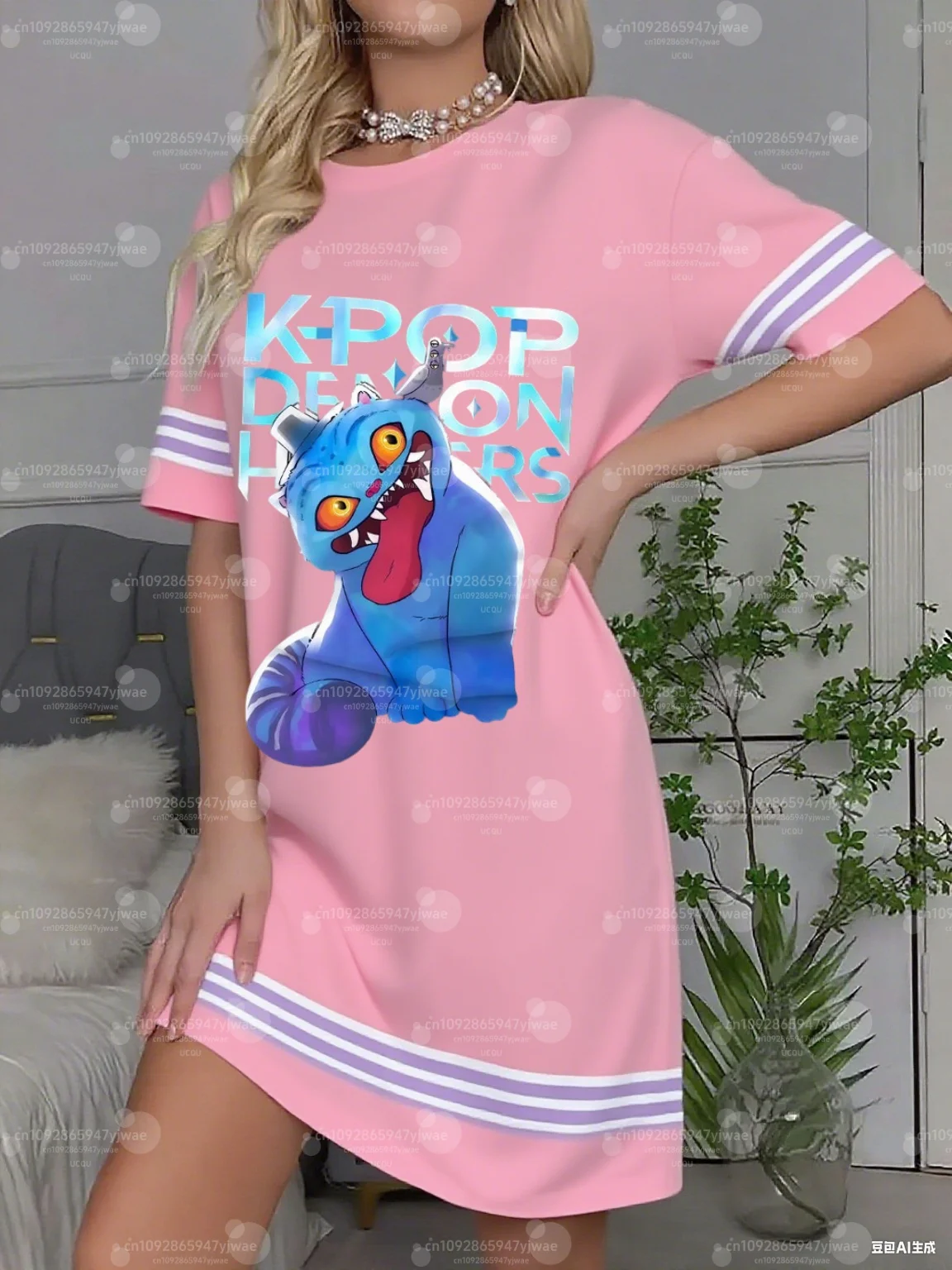 Kpop Demon Hunter print T-Shirt Dress Loose Casual  O-Neck Lady Short Sleeve Pullover nightDresses Women Clothing