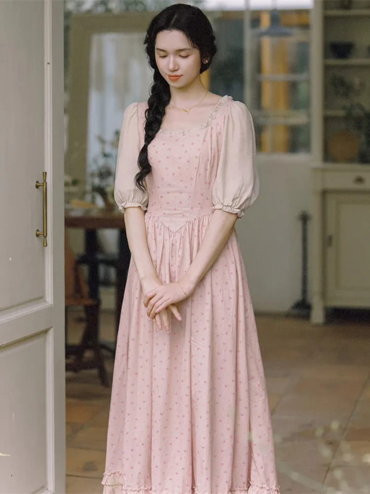 84-96cm Bust Spring Summer 100%Cotton Dresses Women French Vintage Square Neck Floral Print Dress Elegant Slimming Chic Dresses