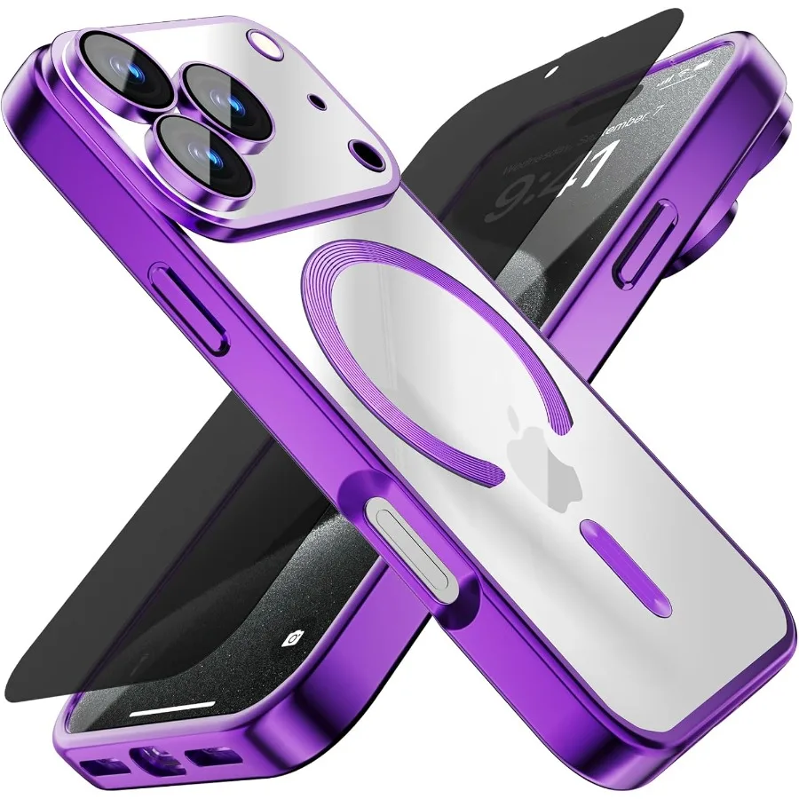 

Elegant Purple Magnetic Luxury Plating Case with Privacy Screen Protector and Camera Lens Guard for iPhone 17 Pro