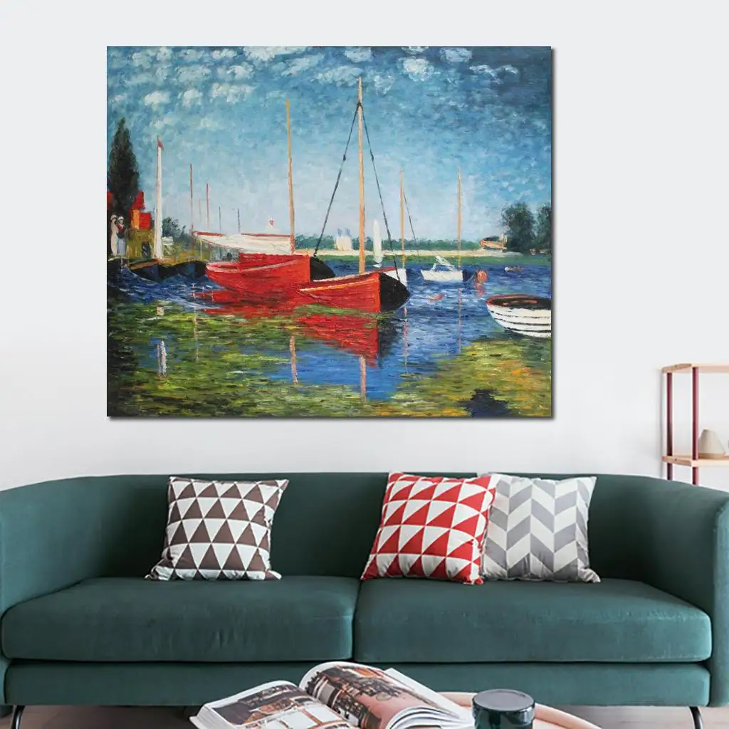 

Landscape Paintings Red Boats at Argenteuil by Claude Monet Canvas Art High Quality Hand Painted