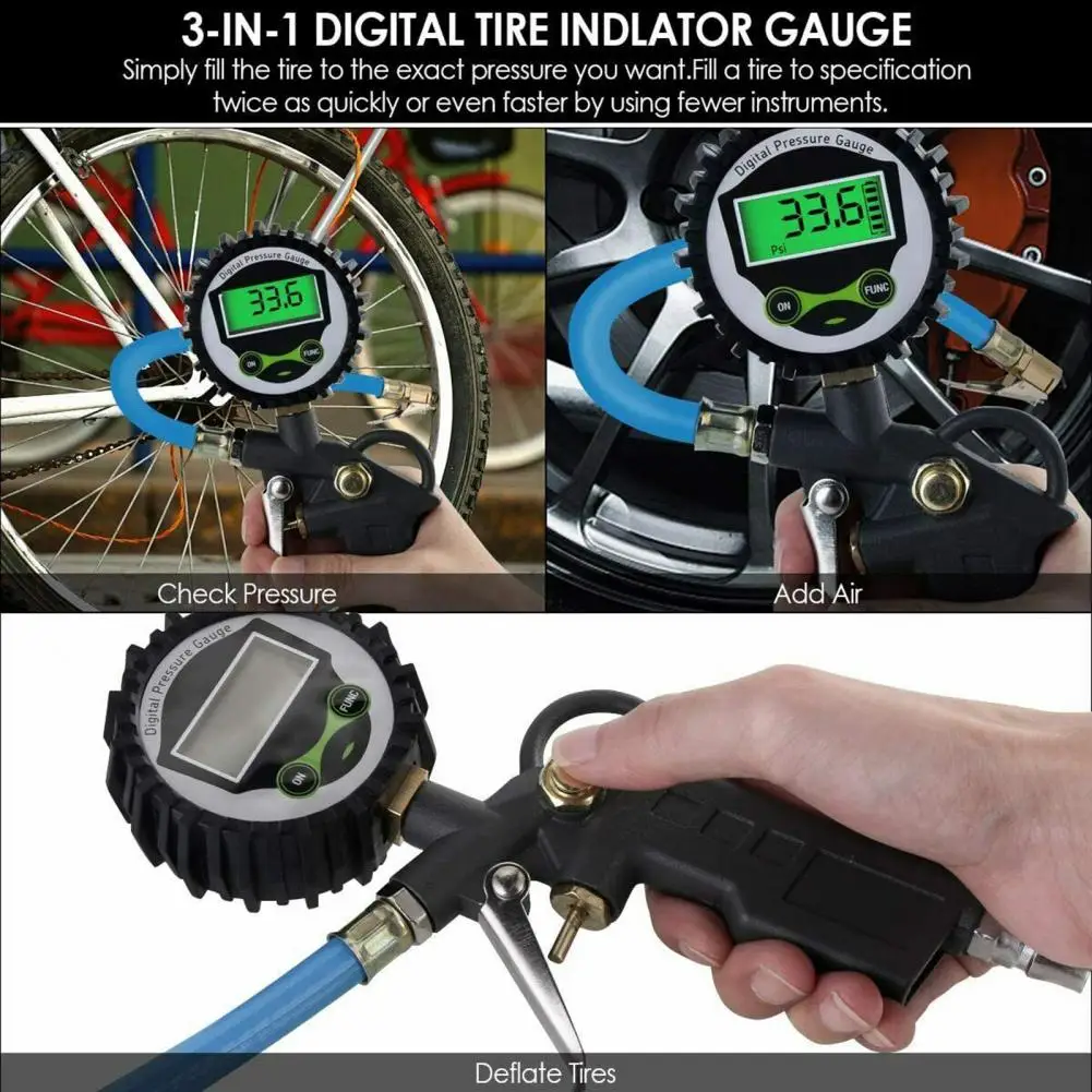 

Wholesale & Dropshipping Tire Gauge LCD Screen Multifunctional Reliable 220PSI Tire Inflator Gauge Tool For Car