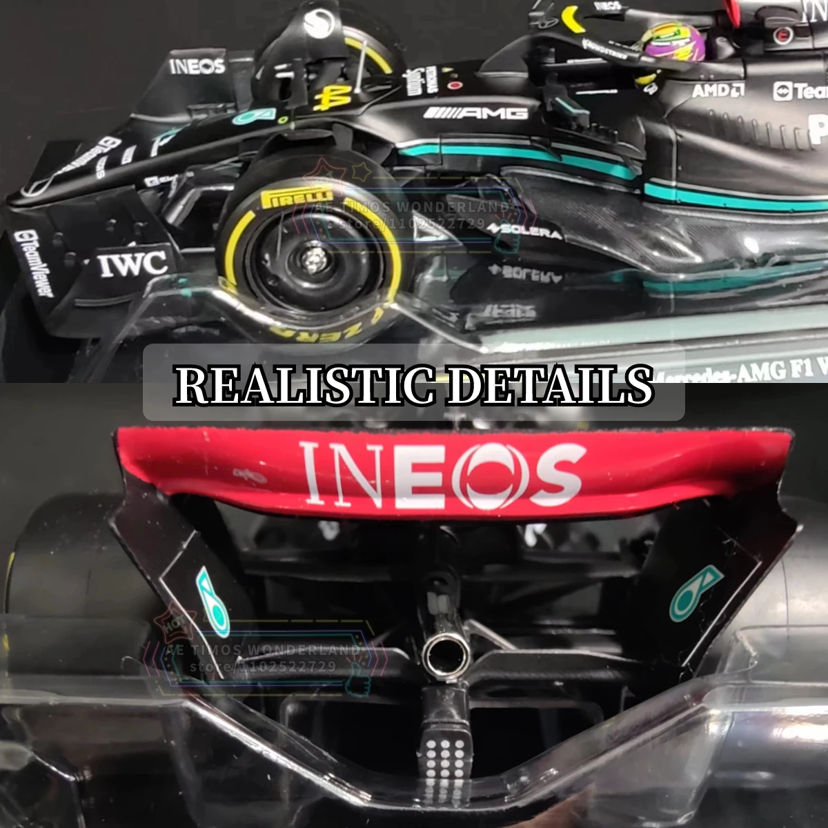 Bburago 1:24 Limited Edition Mercedes AMG W14 Replica, F1 2023 Car Model with Showcase Helmet, Scale Formula 1 Miniature Toy