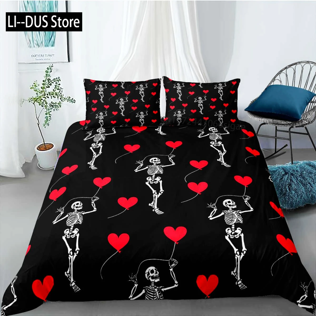 

Skull Duvet Cover Set Gothic Death Moth Skull Love Heart Bedding Set For Boy Teen Microfiber Moth Skeleton King Size Quilt Cover