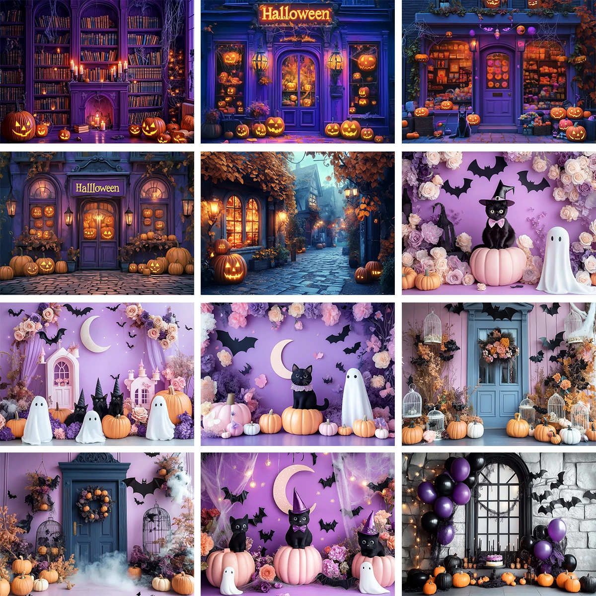 

Cute Halloween Ghost With Cats Pumpkin Backdrops Kids Adult Photography Props Purple Bats Big Moon Castle Balloons Backgrounds