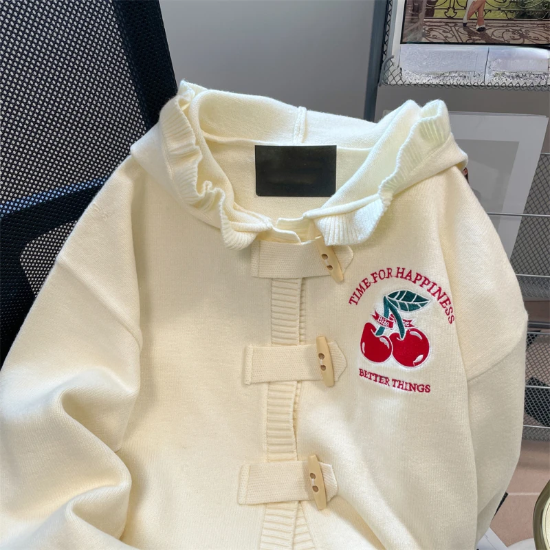 DAYIFUN-Women's Autumn Kawaii Knitted Cardigan Female Horn Button Hooded Sweaters Gentle Lazy Wind Soft Long-sleeve Sweater Coat