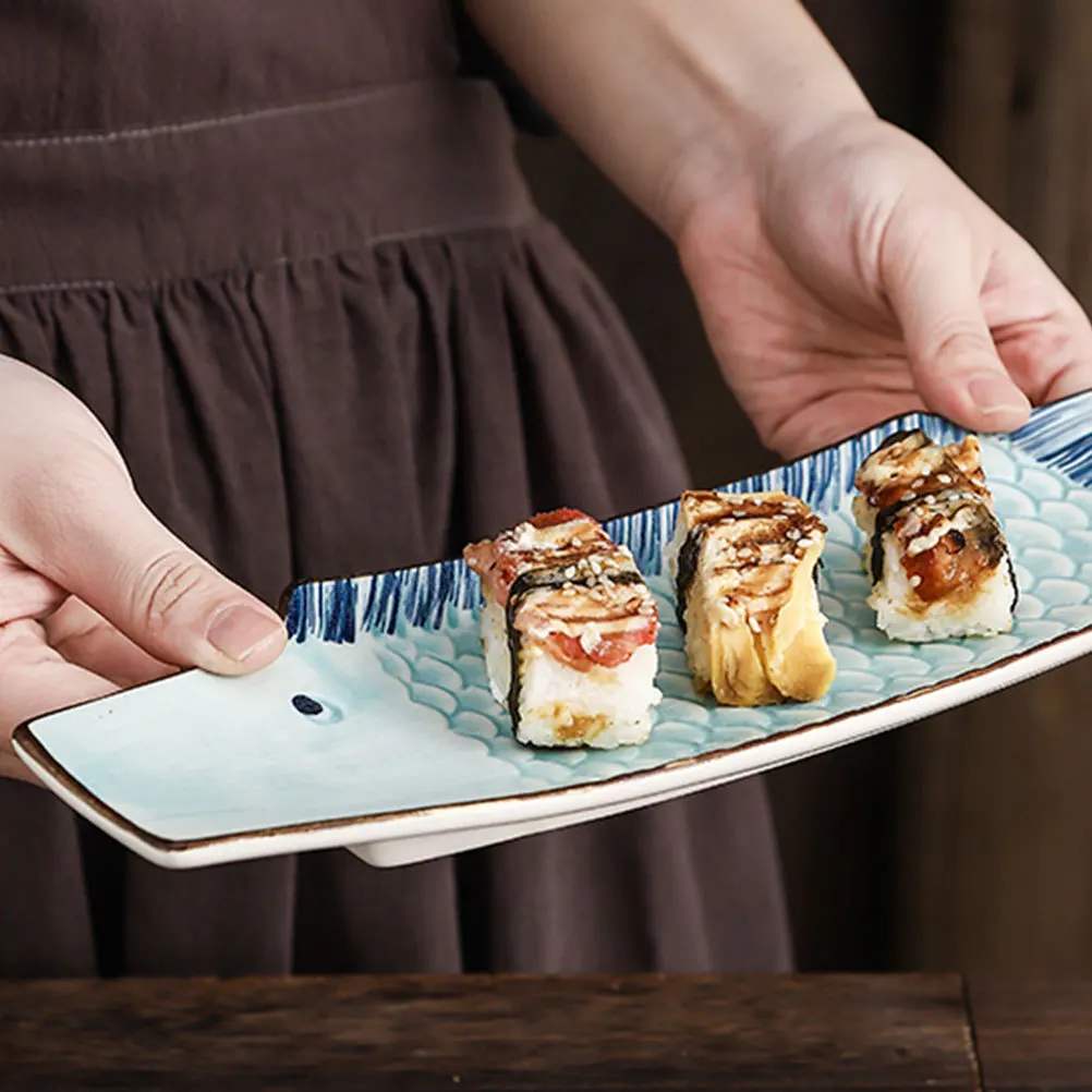 

Ceramic Sushi Plate Fish Shaped Design Elegant Serving Dish for Sashimi Seafood Japanese Style Tableware Multipurpose Plate