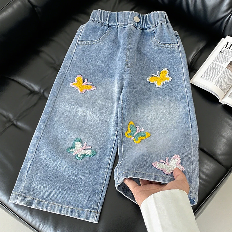 Girls' Jeans Fall New Straight Wide Leg Washed Soft Denim Baby Girls' All-Match Loose Long Pants