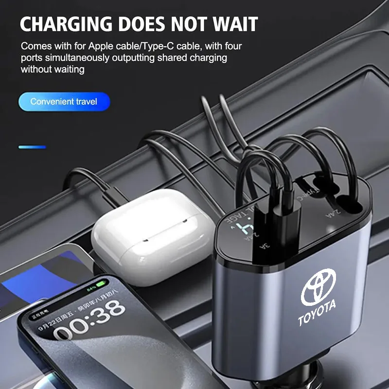 120 واط شاحن سيارة قابل للسحب آيفون أندرويد سوبر سريع مهايئ شحن QC3.0 PD USB نوع C لتويوتا كامري كورولا C-hr Rav4 #2