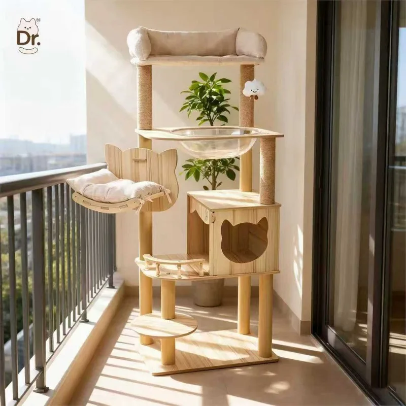 All‑In‑One Large Wooden Cat Tree Tower With House Space Capsule Space‑Saving Cat Climbing Furniture For Indoor Cats
