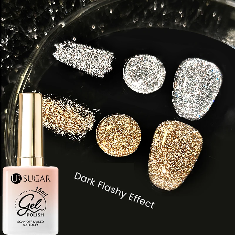 

UR SUGAR 2PCS Glitter Reflective Gel Nail Polish Set Gold Silver Sparkly Soak Off UV Gel Dark Flashy Semi Permanent Manicure Kit