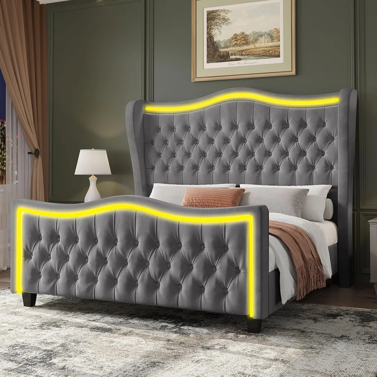 Queen Size Bed Frame with LED Lights, 53'' Upholstered Platform Wingback Bed with Handmade Deep Button Tufted Headboard