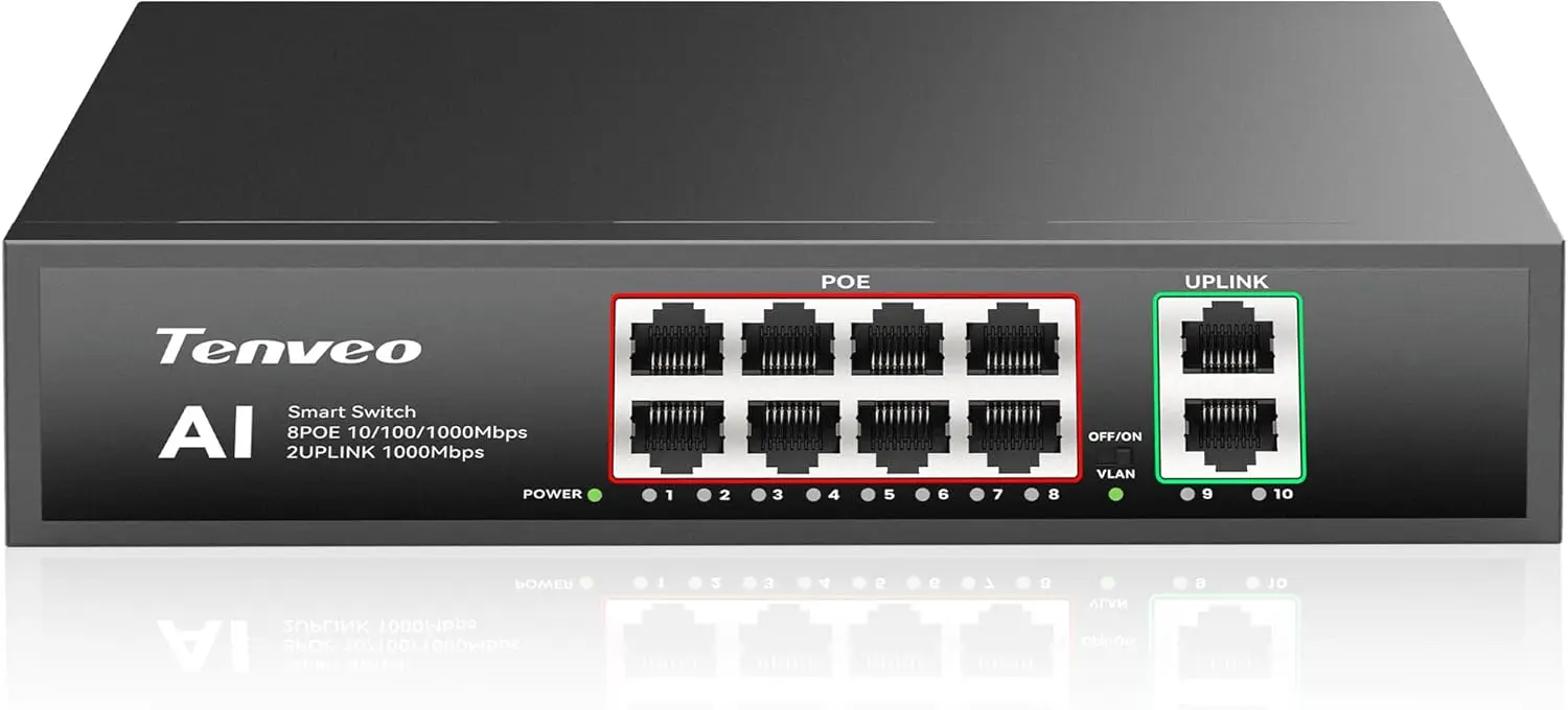 8 Ports PoE Gigabit Ethernet Switch+2 UP-Link Gigabit RJ45 Ports 100m Transmission 30W High Stability with IEEE802.3AF/AT
