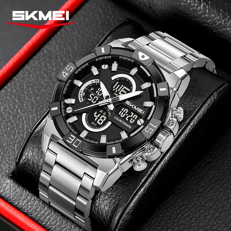 SKMEI 2593 Electronics Watch Men's Sports Timing Watches Steel Band Multi-functional Quartz Watch Luminous Waterproof Wristwatch