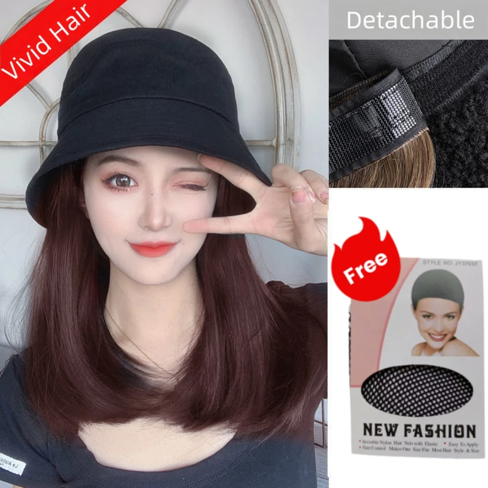 

Synthetic Hair Bucket Hat Wig for Women Synthetic Straight Clavicle Hair 12 Inch Buckled Synthetic Hair Hat Wig Matte Fiber Hair