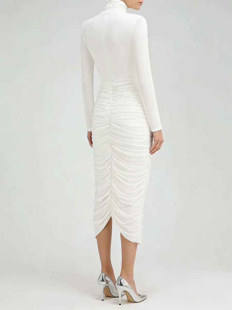 TWOTWINSTYLE, vestidos lisos adelgazantes con temperamento fruncido empalmado para mujer, vestido de cintura alta con cuello alto y mangas largas, nuevo para mujer