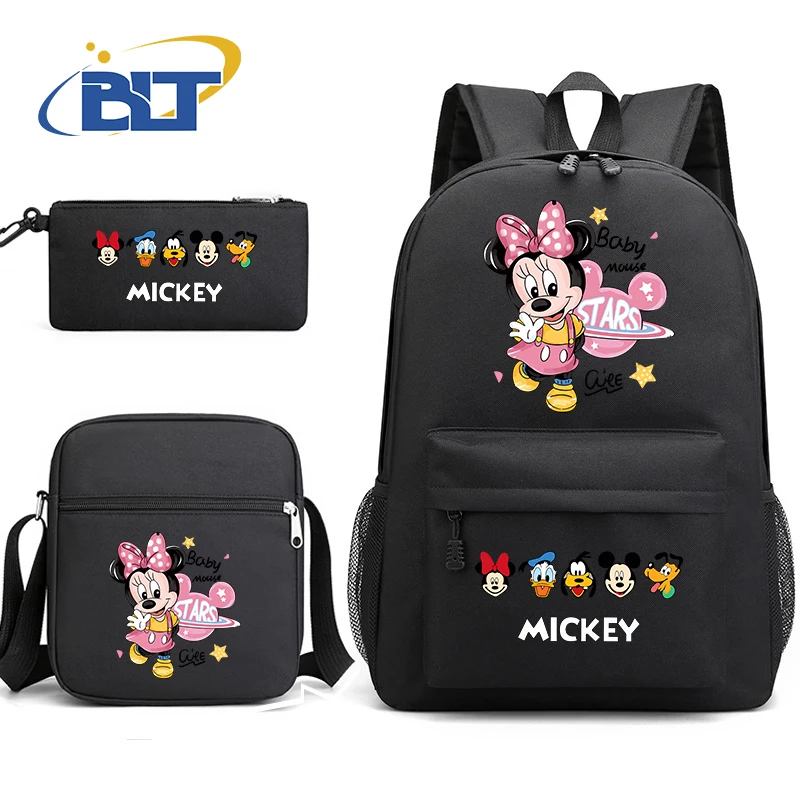 MINISO-Conjunto de mochila escolar para estudiantes con estampado de Mickey Mouse, bolso de hombro para niños, mochila, lápiz, conjunto de 3 piezas