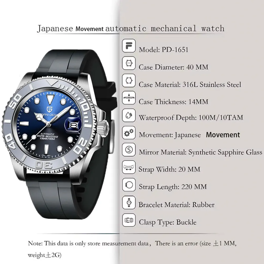 PAGANI DESIGN Nieuwe Automatische Herenhorloge Saffierglas 40mm Mechanisch Horloge Roestvrij Staal 100M Waterdicht Klok Horloge Mannen gift