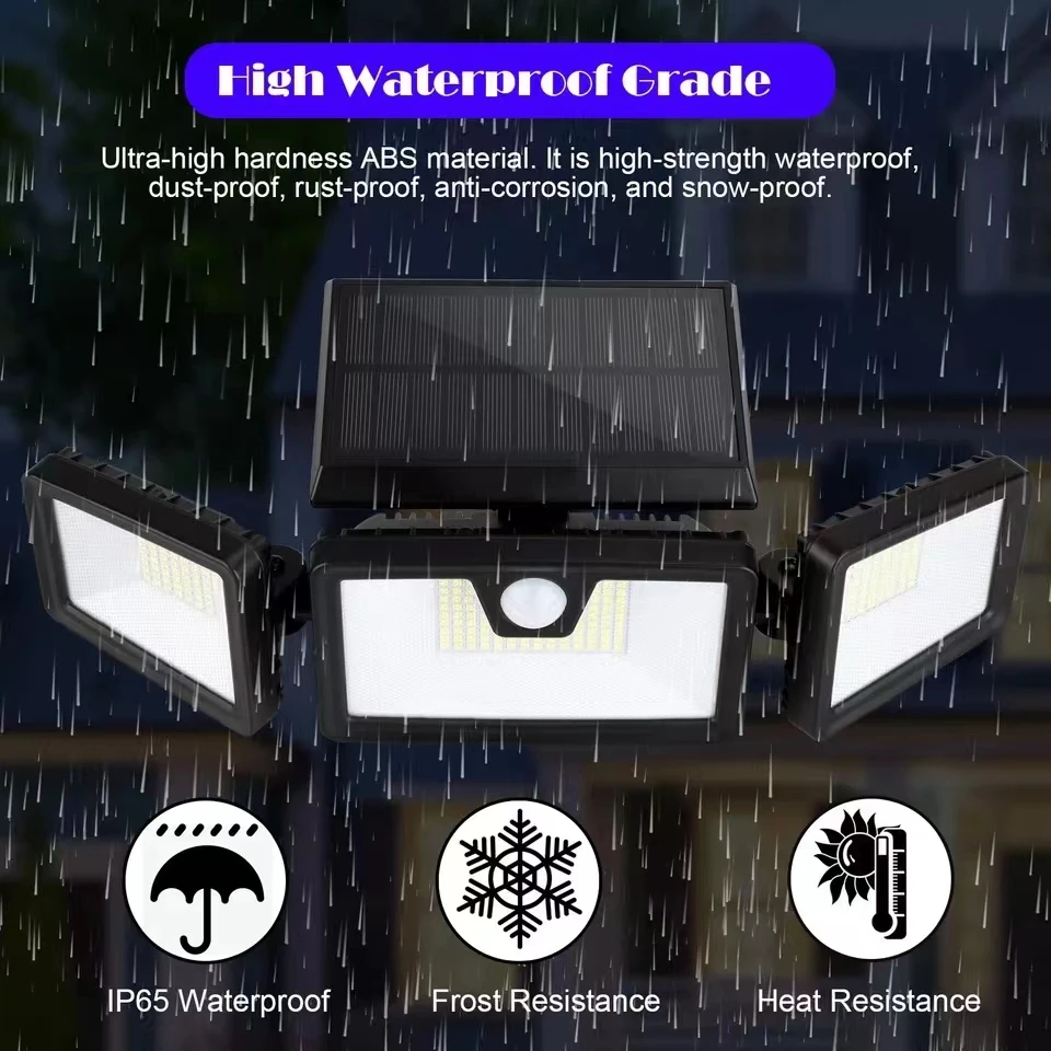 Solar Lights Outdoor 3 Heads Flood LED Security Light Waterproof with PIR Motion Sensor Garden Yard Garage Street Wall Lighting