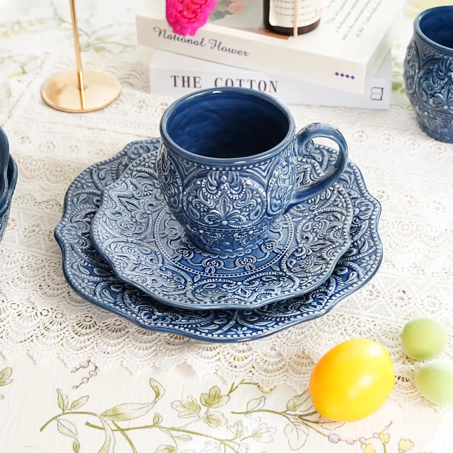 Vajilla de comedor fina de gres en relieve, platos de porcelana de estilo barroco antiguo, juego de 2 platos de ensalada de 8,5" y cena de 11"