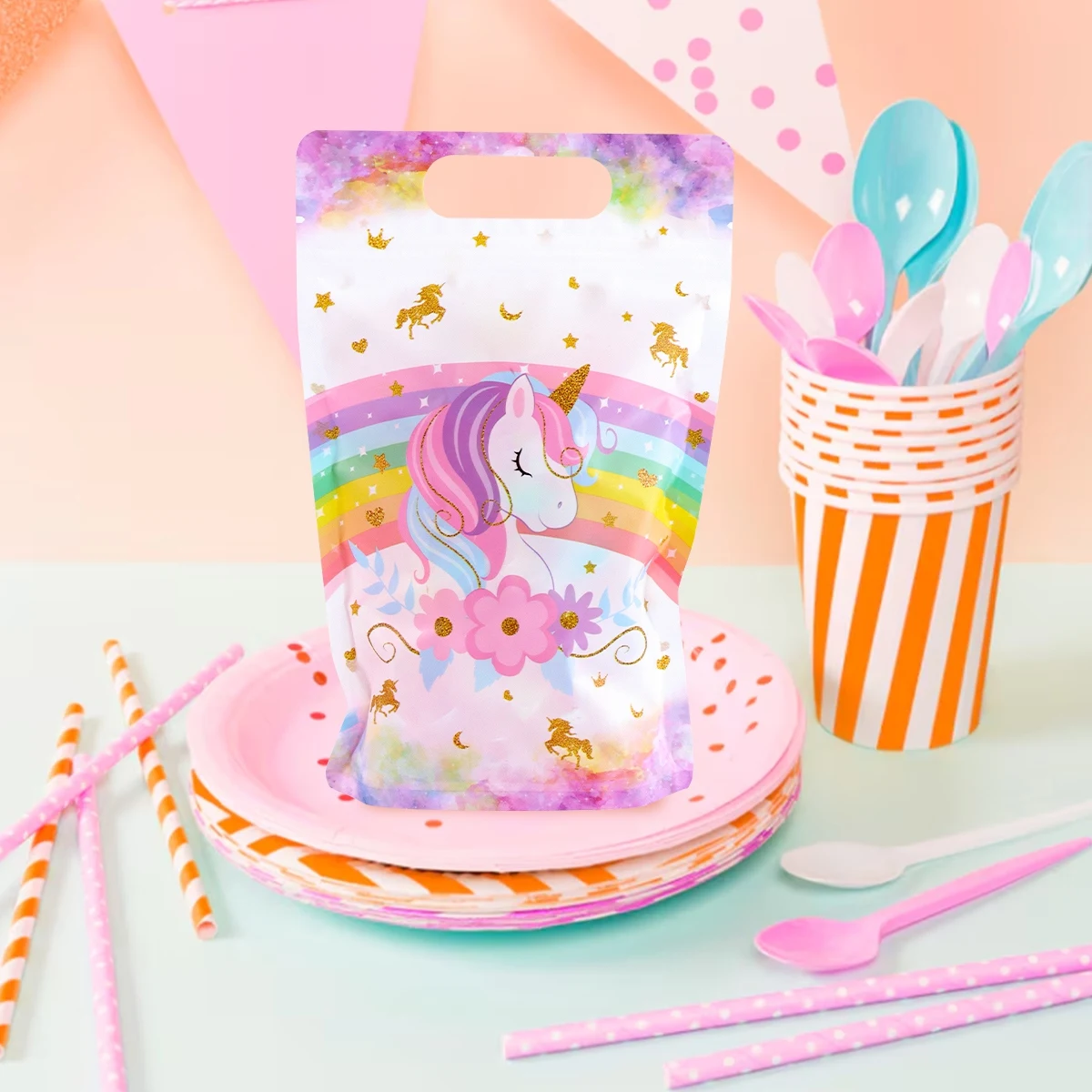 10/20 stücke Rosa Einhorn Stand Up Tasche Backen Cookies Geschenke Verpackung Kunststoff Tasche Für Kind Mädchen Geburtstag Hochzeit Einhorn party Decor – Detail 6