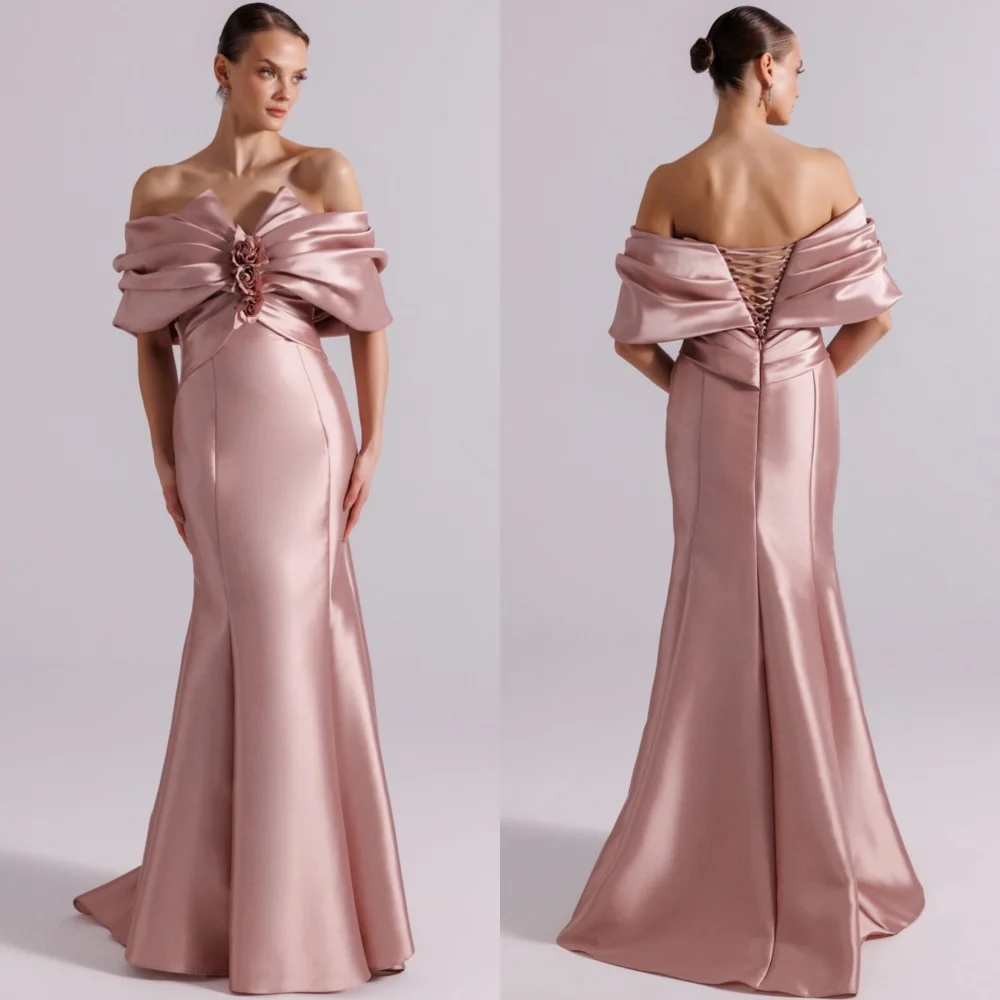

Customized High Quality Charmeuse Flower Pleat Trumpet Off-the-shoulder Long Dresses Bespoke Occasion Retro
