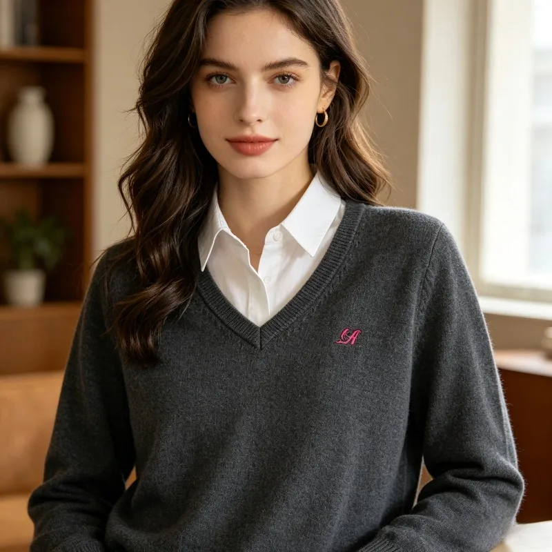 

British College Style V-neck Embroidery, Retro School Inspired Long Sleeved Top, Unisex Layered Shirt, College Style Sweater