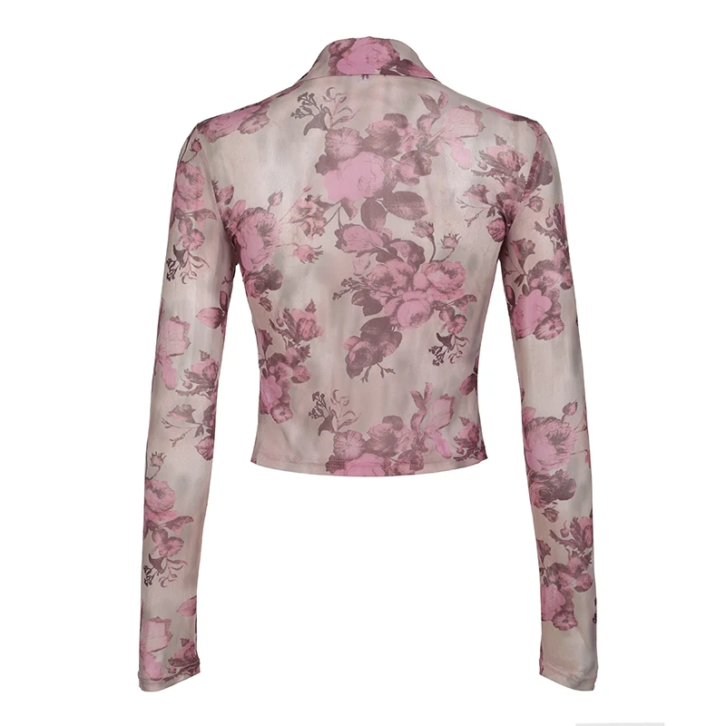 IAMHOTTY Vintage Flower Print Mesh Shirt Women's Autumn Spring Turn-down Collar Tops Coquette Button-up Long Sleeve Blouses Y2K