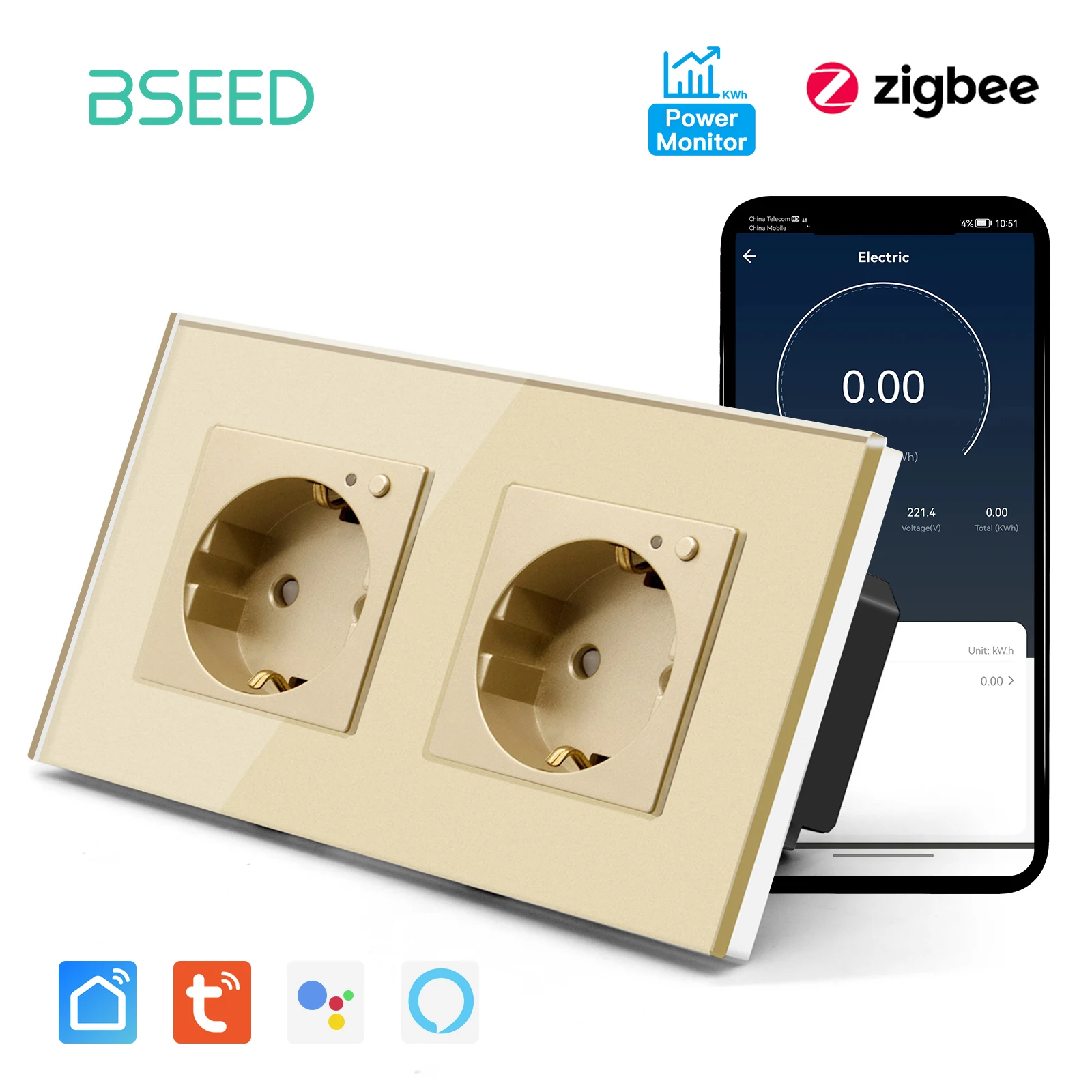 Bseed eu zigbee energie monitor wand steckdose kristallglas rahmen doppel smart outlets google home alexa smart life sprach steuerung