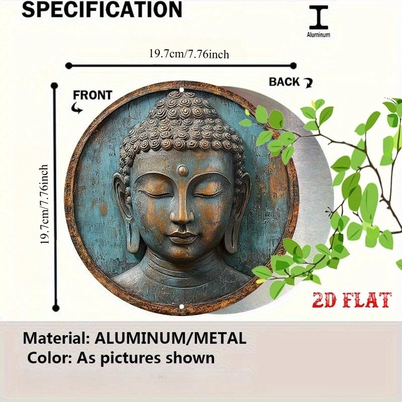 2D Flat Vintage Metal Sign Featuring Aged Bronze Buddha Head Round Decor for Cafe Beach House Backyard Ideal for Artistic Spaces