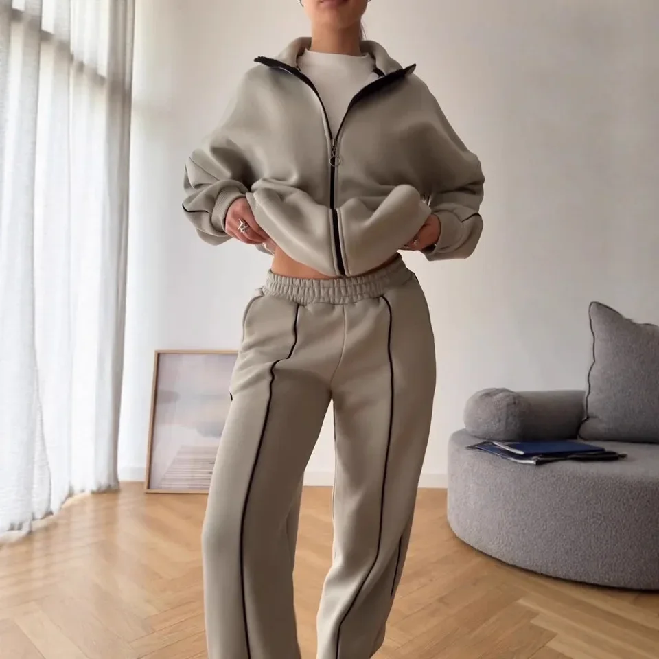 

2025 Turn Down Collar Zipper Short Top Long Pants Two Piece Set Women Silver Gray Black Multiple Colors Available