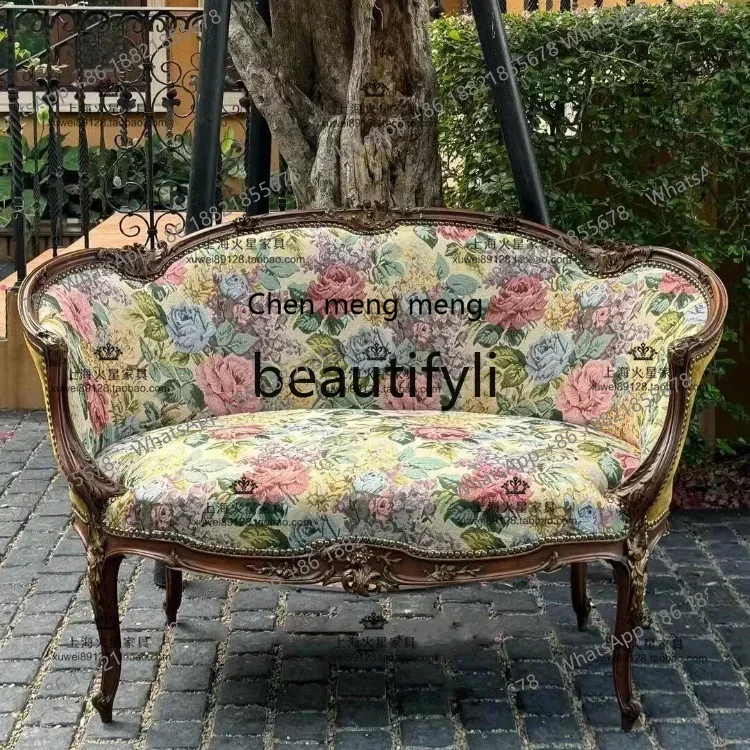 

French retro solid wood fabric double triple sofa chair pastoral carved leisure chair9344