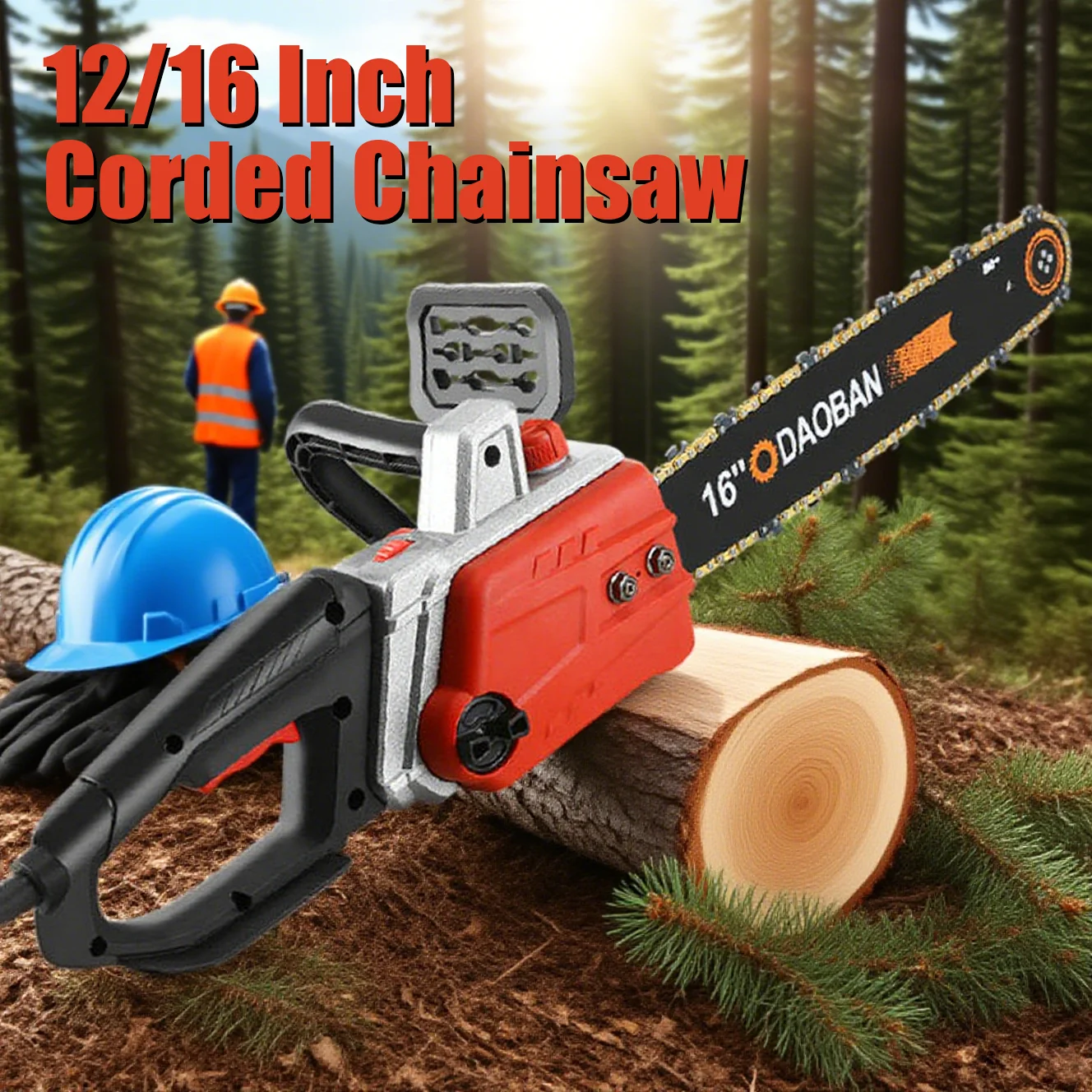 12/16 Inch High Power Corded Chainsaw 220V Handheld AC Household Brushless Electric Chain Saw for Wood Felling Cutting
