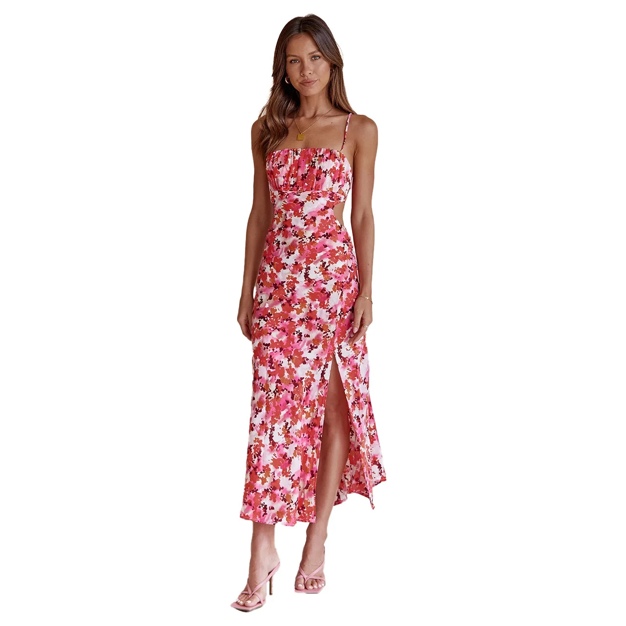 Nouvelle mode européenne et américaine, bretelles creuses au dos, jupe à extrémités fendues, robe à bretelles fraîche et douce 1