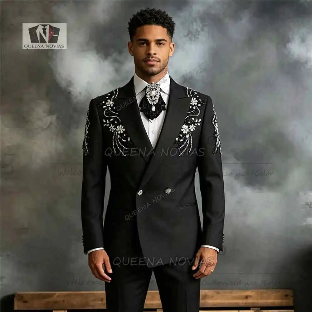 Elegant Tuxedo Suit Set For Man Wedding Guest Diamond Beaded Prom Blazer Pants 2 Piece Double Breasted Groom Dinner Party Attire