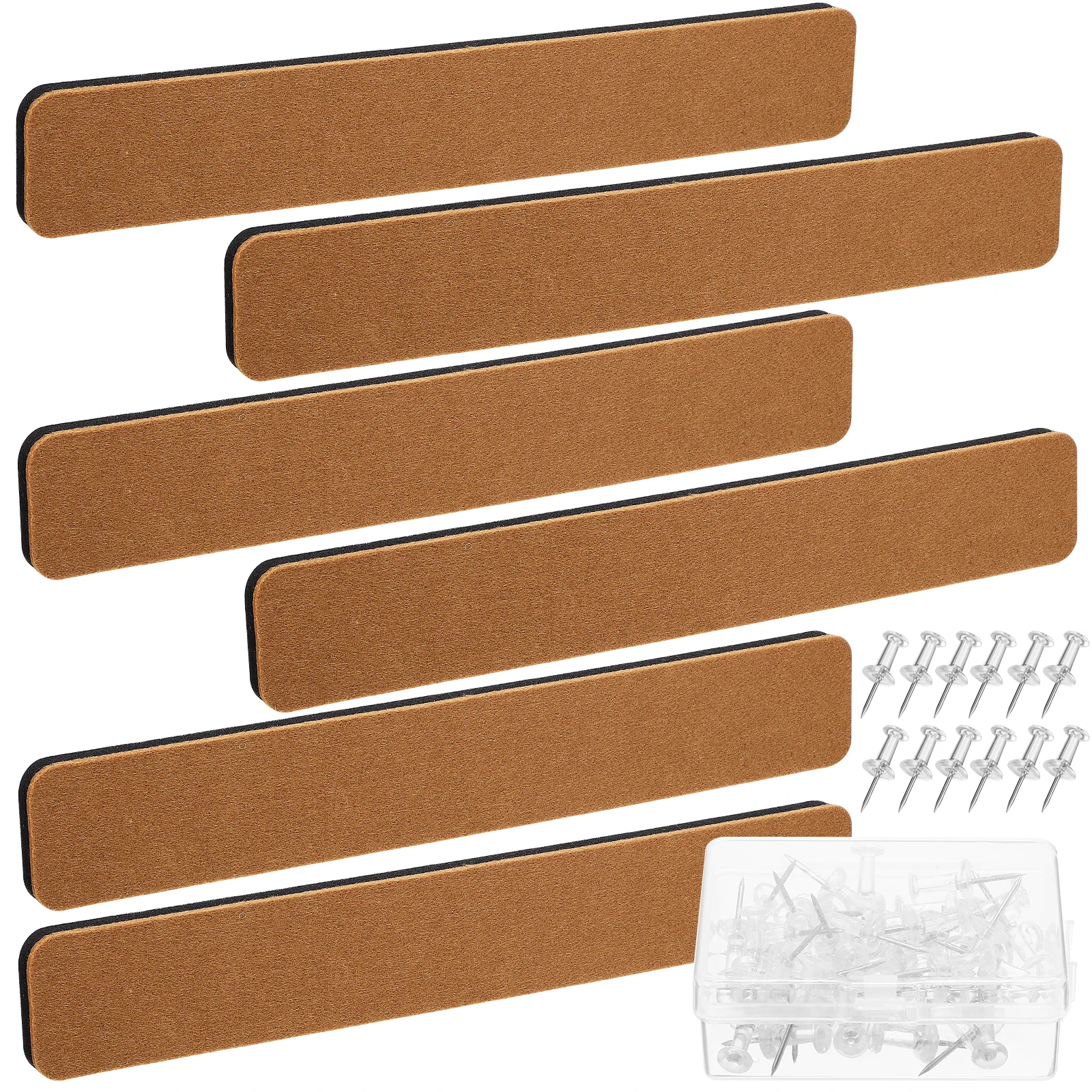 

6pcs Felt Pin Board Bar Strips Self Adhesive Bulletin Board Decorative Wall Office Home 50 Transparent Pushpins Included Cork