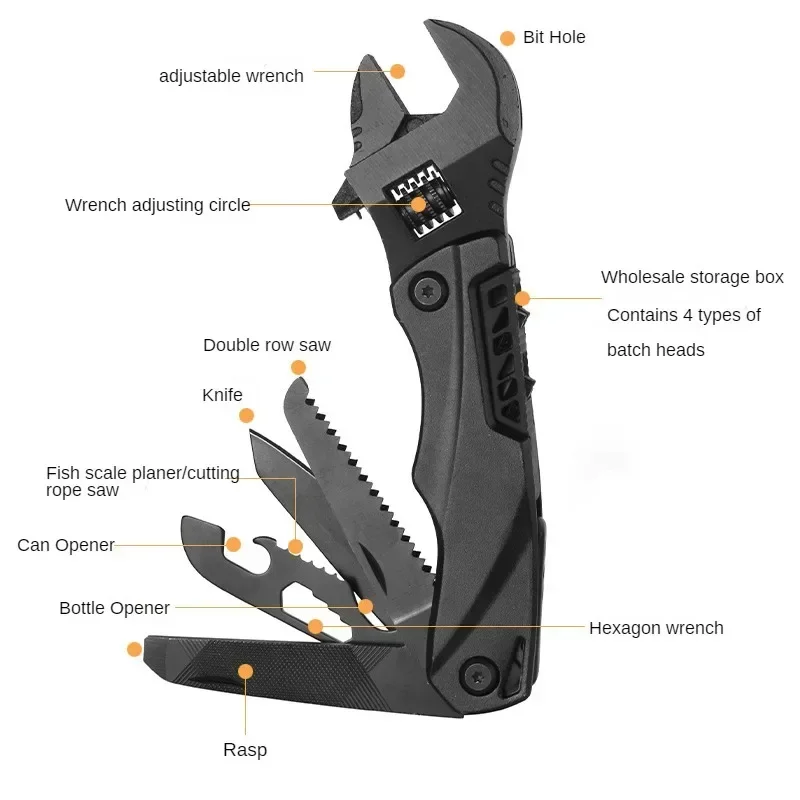 Alicates de llave multifunción para acampar al aire libre, llave ajustable multifunción, cuchillo plegable, llave de sierra, combinación, juego de