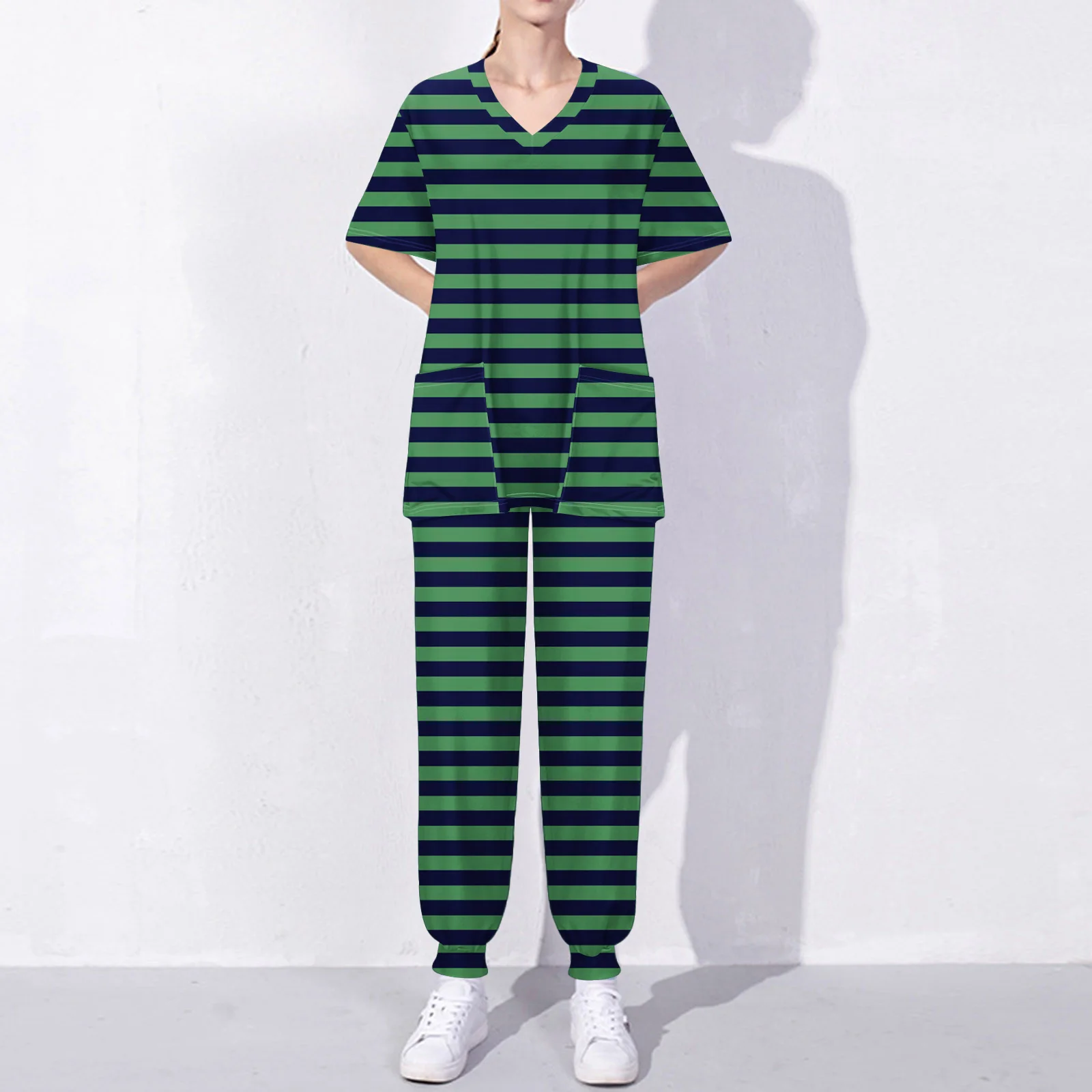 

2024 модный комплект в полоску с принтом, женский осенний пуловер для отдыха, v-образный вырез, короткие рукава, карманные топы, брюки до середины икры, комплекты из 2 предметов для женщин