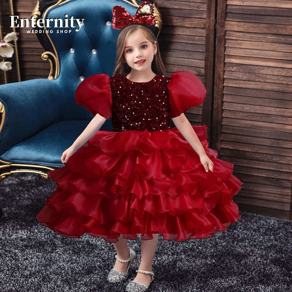 Princesse Enfant-A-Line Bow Flower Girl Dress, vestido de baile com o pescoço, lantejoulas Puff Sleeve, Joelho de comprimento, Lovely