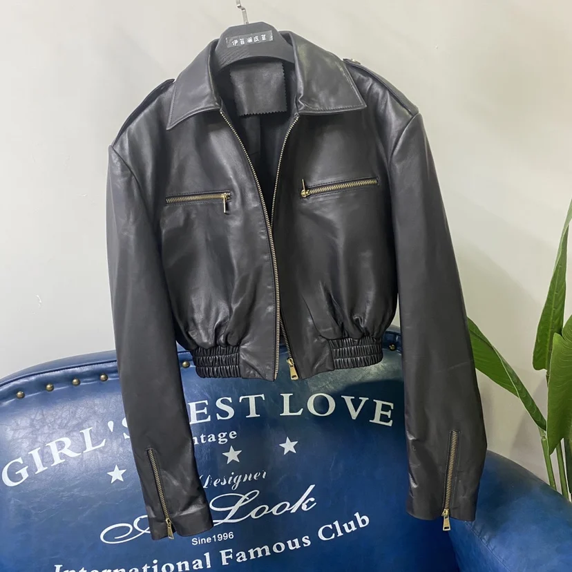 Jaqueta Retro de Couro Genuine Bla ort para Mulheres, Nova Jaqueta de Primavera 2023, Jaqueta de Motocicleta com Cintura Drop Azul, Estilo Moderno