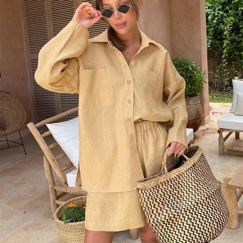 Casual Womens Set New French Fashion  Cotton Imitation Linen Loose Shirt Jacket Elastic Shorts 2 Piece Sets Womens Outfits