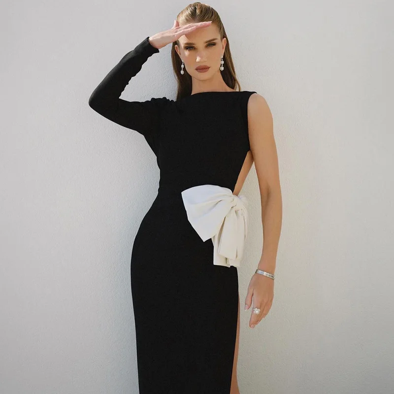 

Fashionable luxury popular banquet evening dress black long sleeved white bow sexy slanted shoulder slim slit dress