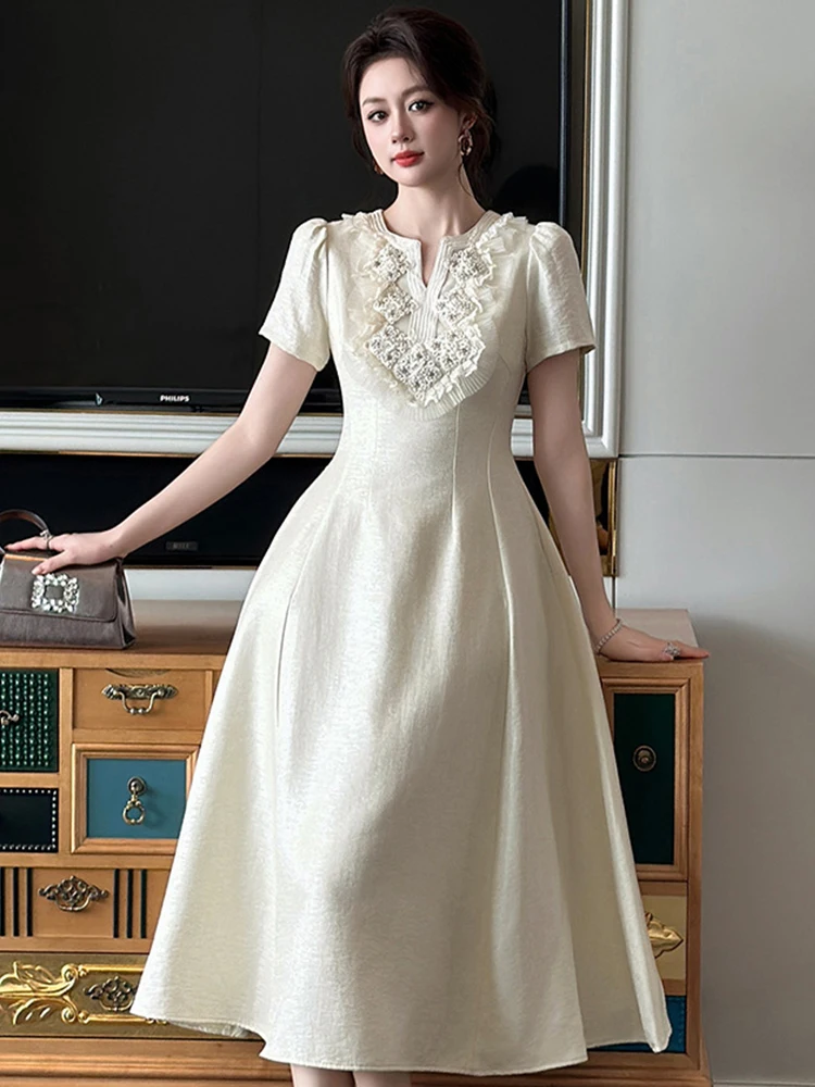 เกาหลีสไตล์ฝรั่งเศส Socialite PARTY Dress สําหรับผู้หญิงเพชรดอกไม้กระเป๋าพับ Swing Robe หญิงพรหม Vestidos Mujer