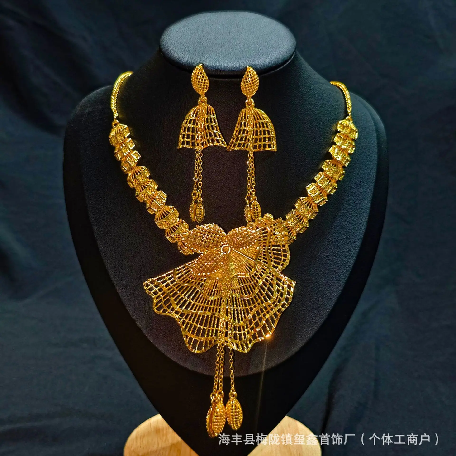 Luxury 24K 9999 Pure Gold real gold Dubai Middle East Flower Necklace Set Women Stud Earrings