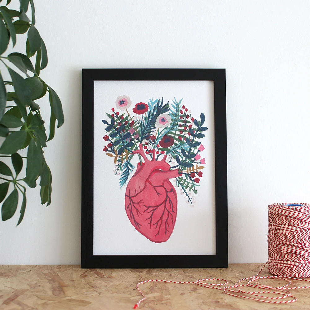 Home Wall Art Pictures Canvas Blooming Heart Anatomical Heart and Flowers Illustration Print Painting Posters For Bedroom Decor