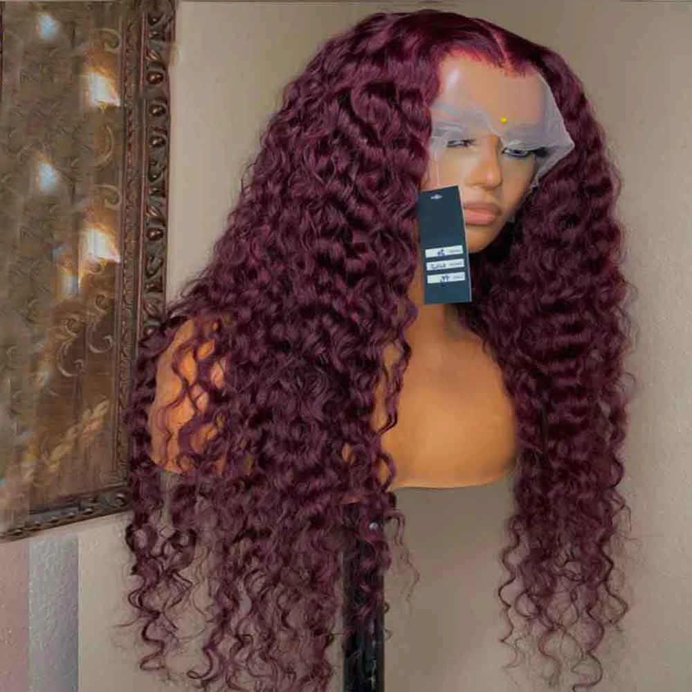 Soft 26Inch Long Burgundy 99j Kinky Curly 180Density Synthetic Lace Front Wig For Black Women Babyhair Heat Resistant Preplucked