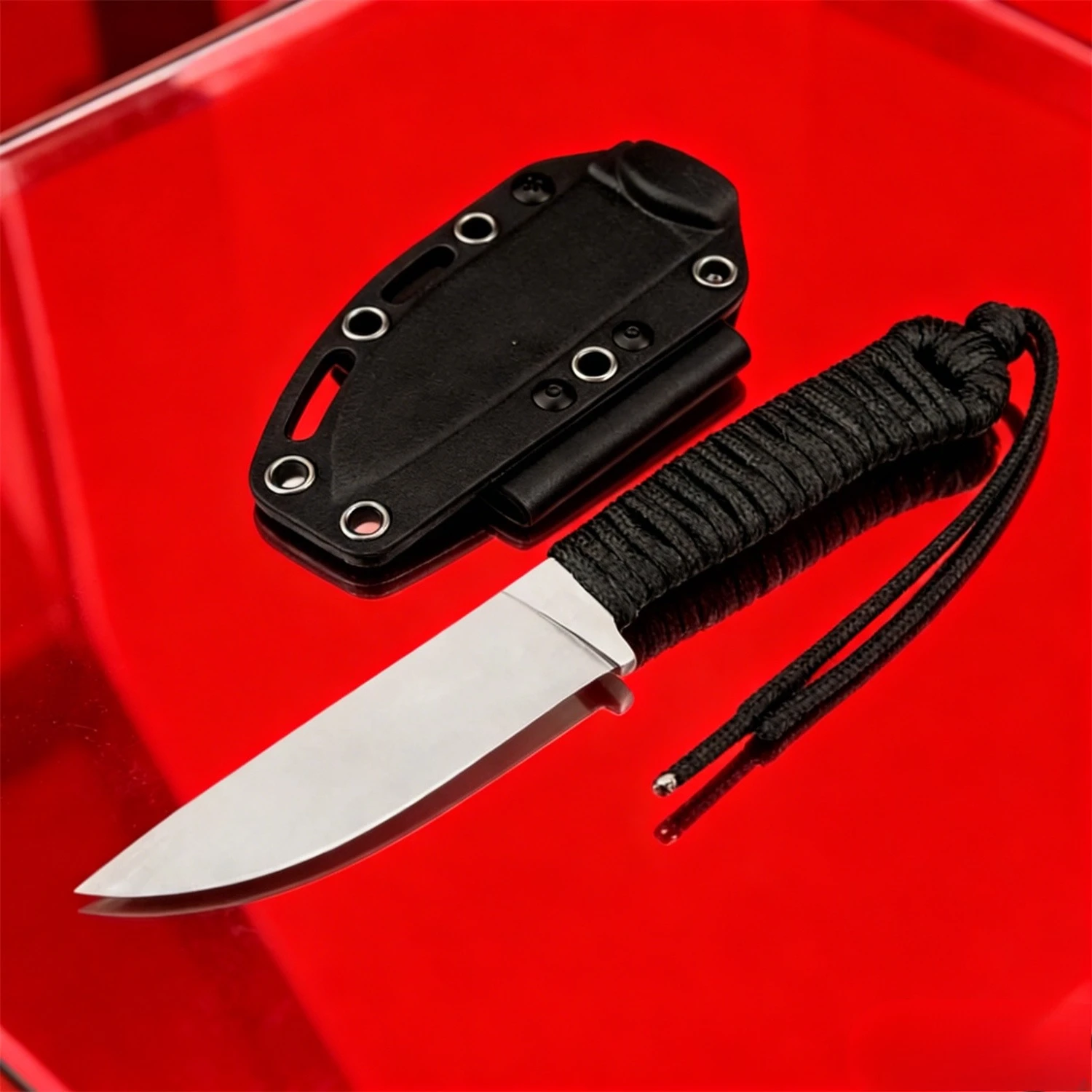 

440C Fixed Blade Knife – Nylon Cord Handle, Sheath Included – Compact Easy-to-Carry Cutting Tool for Camping, Fishing & Hiking
