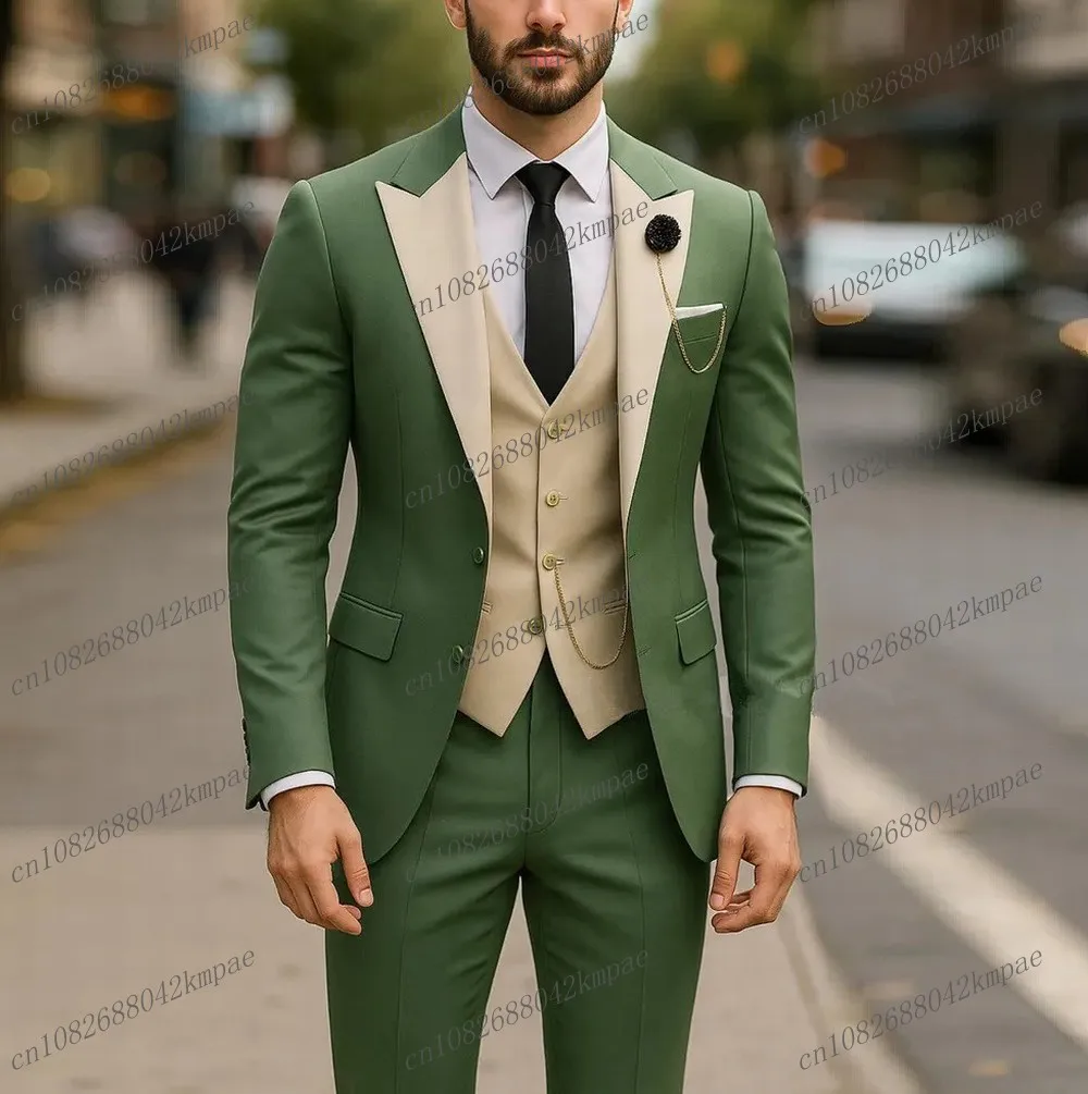 

New Green And Beige Formal Men Suit Groom Groomsman Wedding Party Prom Business Male Tuxedos 3 Piece Set Blazer Vest Pants