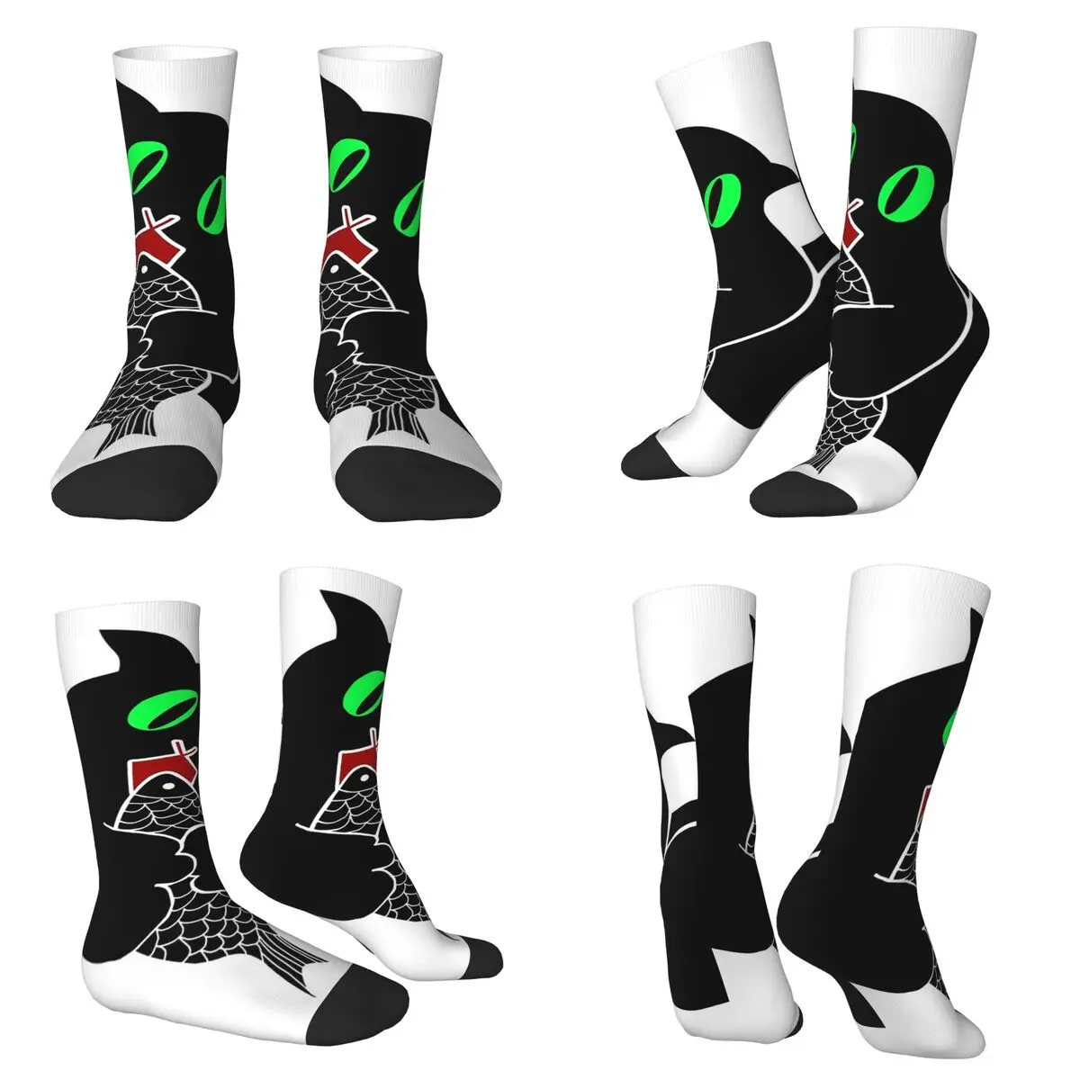 

Black Cat Eating Fish Japanese Style Socks Harajuku Sweat Absorbing Stockings All Season Long Socks for Unisex Valentine's Day