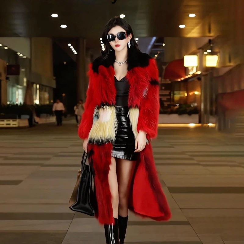 YOLANFAIRY 秋冬 輸入フォックスファー カラーブロッキング ファーメッシュ レッドカバー 通勤スタイル ロングオーバーコート 女性用コート 2025