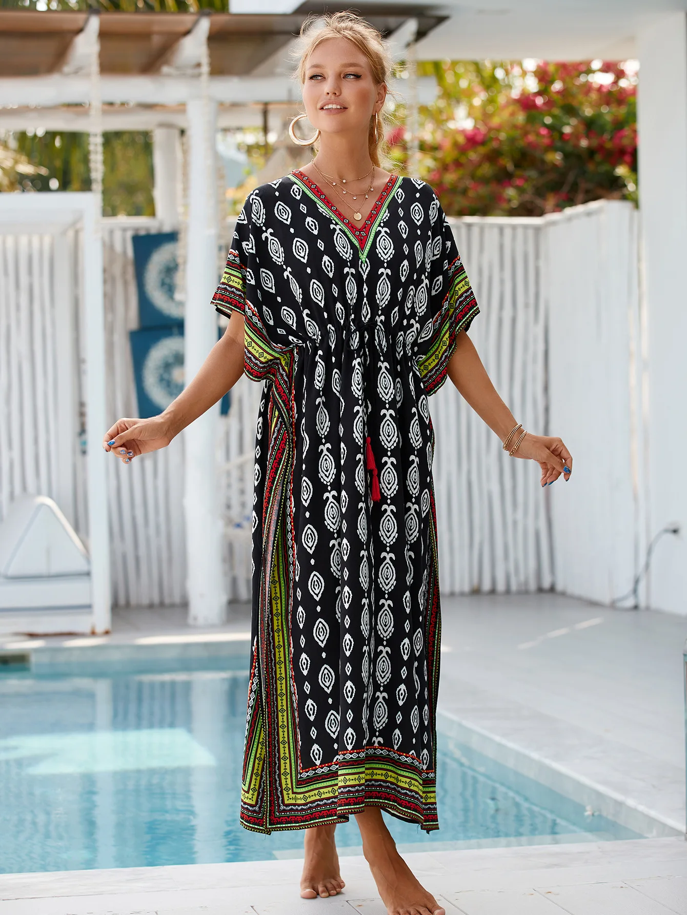 Women Summer Beach Dresses Printed Kaftans Drawstring Summer Holiday Cover Ups for Swimwear Bathing Suits